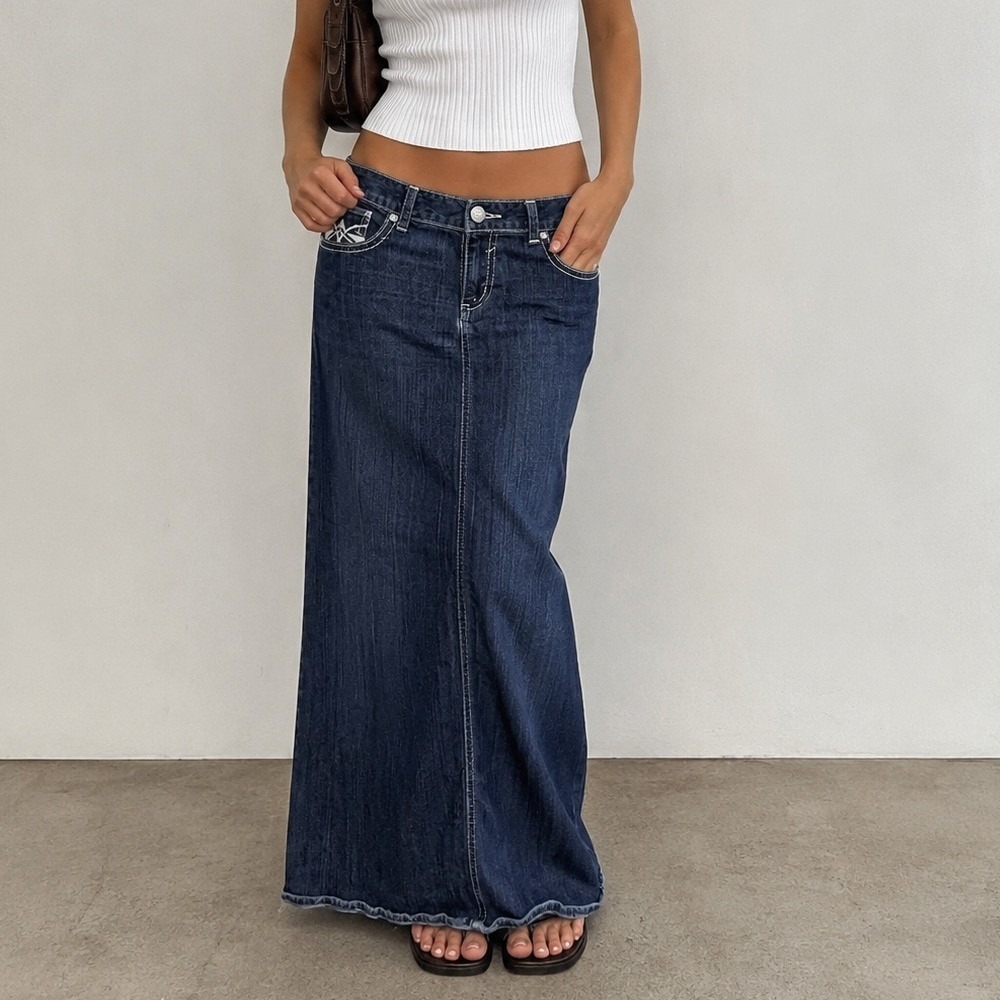 Maurices Y2K Low Rise Embroidered Denim Maxi Skirt Dark Wash Stretch Size 11/12